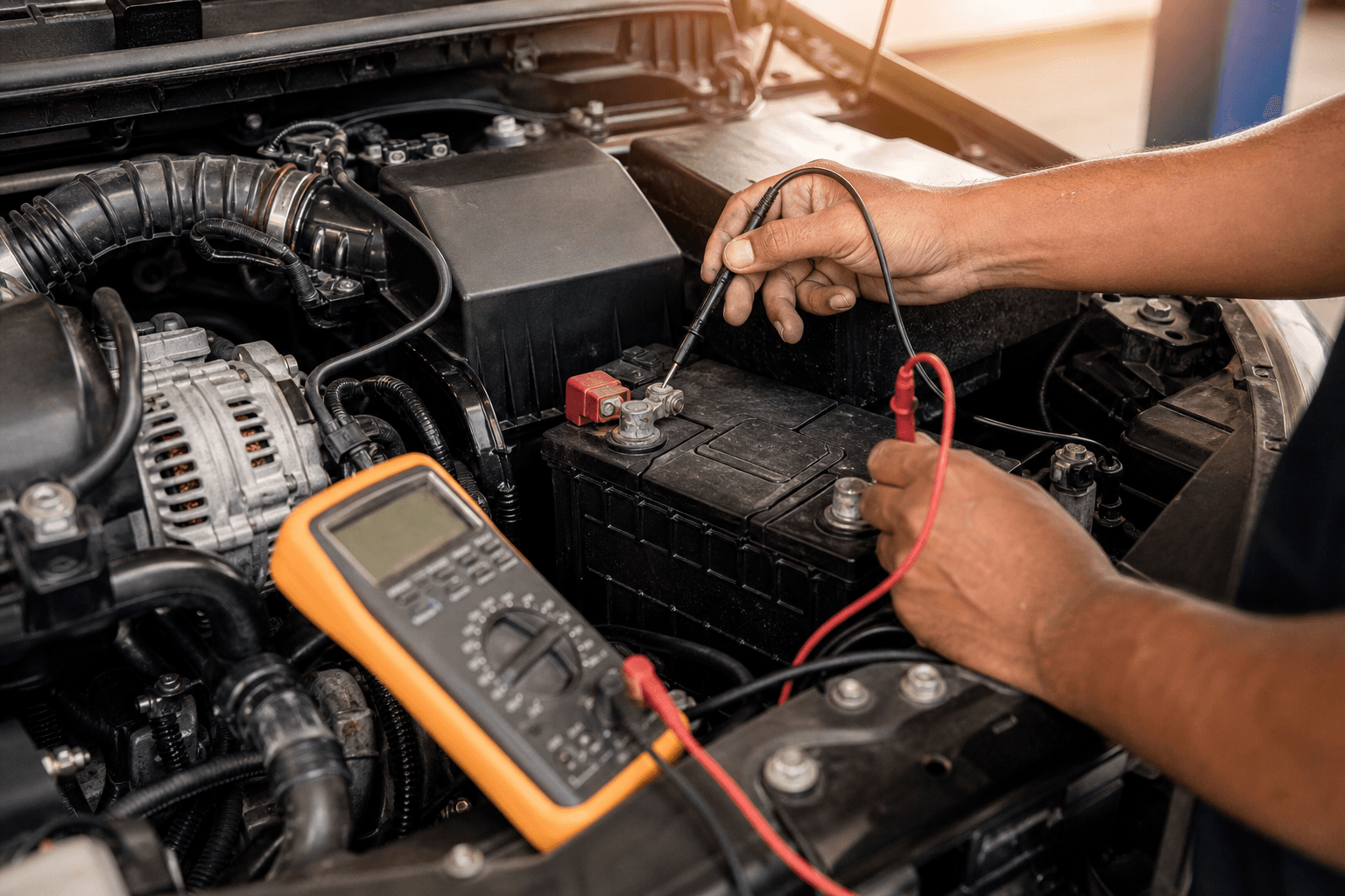 Technician testing a car battery with a multimeter under the hood