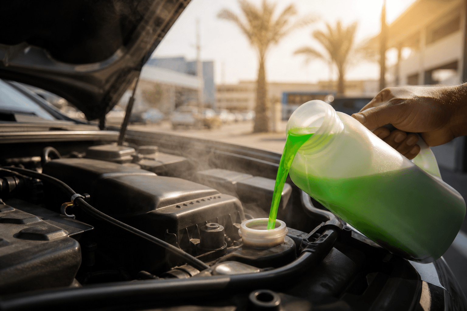 Coolant being poured into a car radiator in summer heat