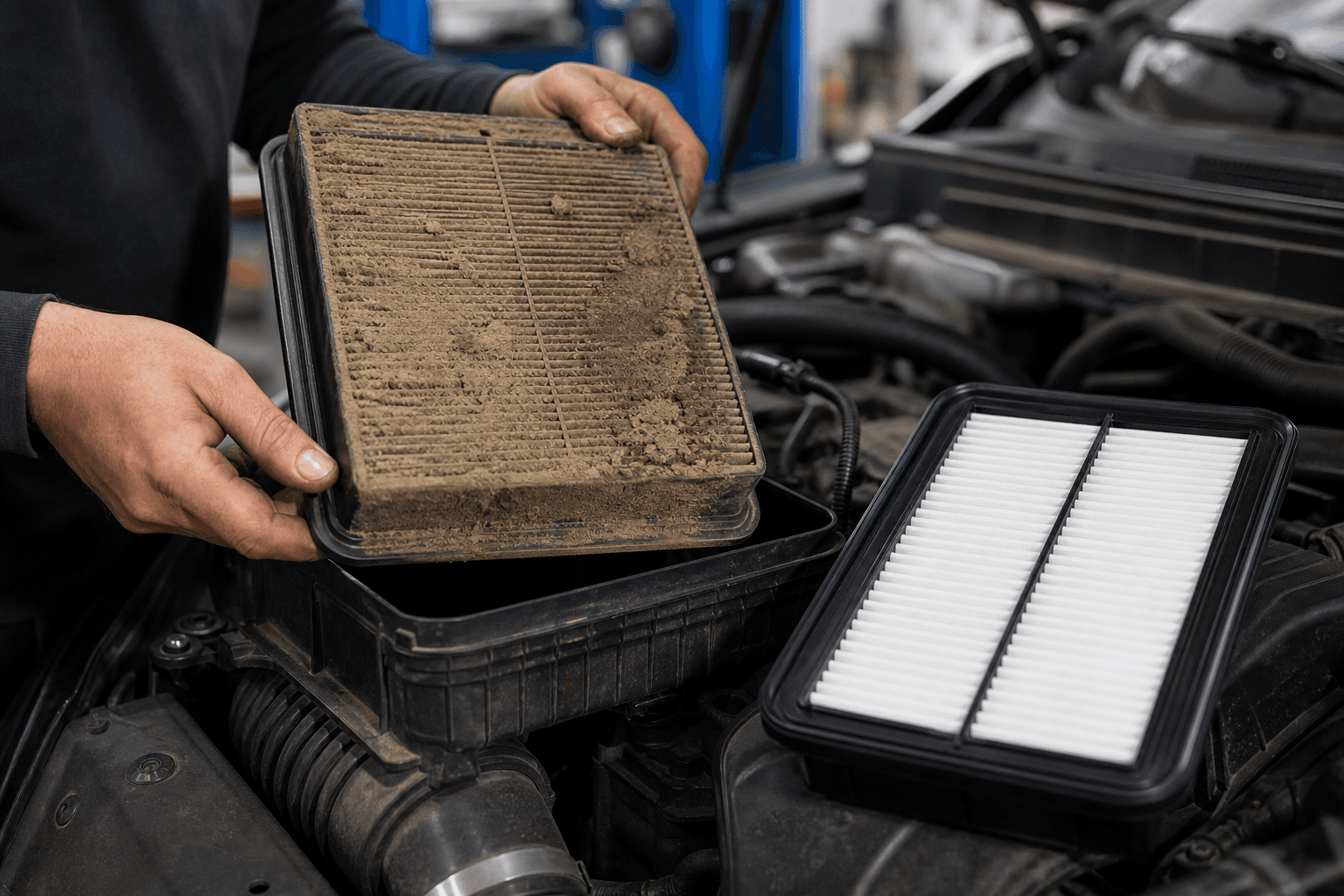 Dust-clogged engine air filter being lifted from an airbox