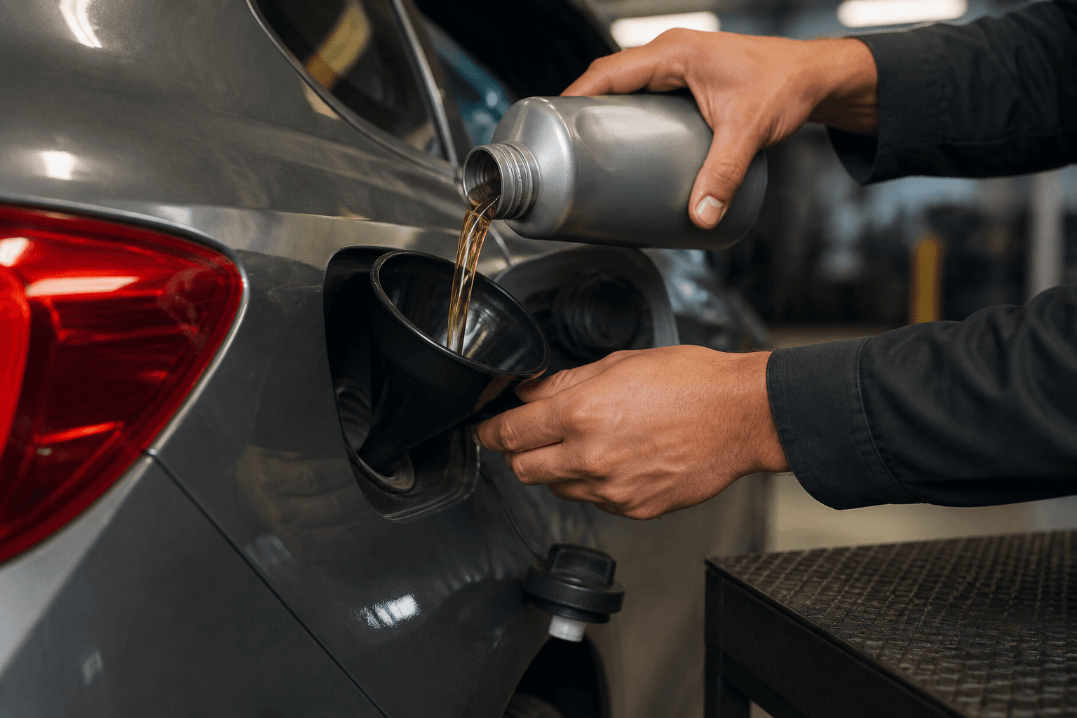 Fuel additive being poured into a car fuel tank