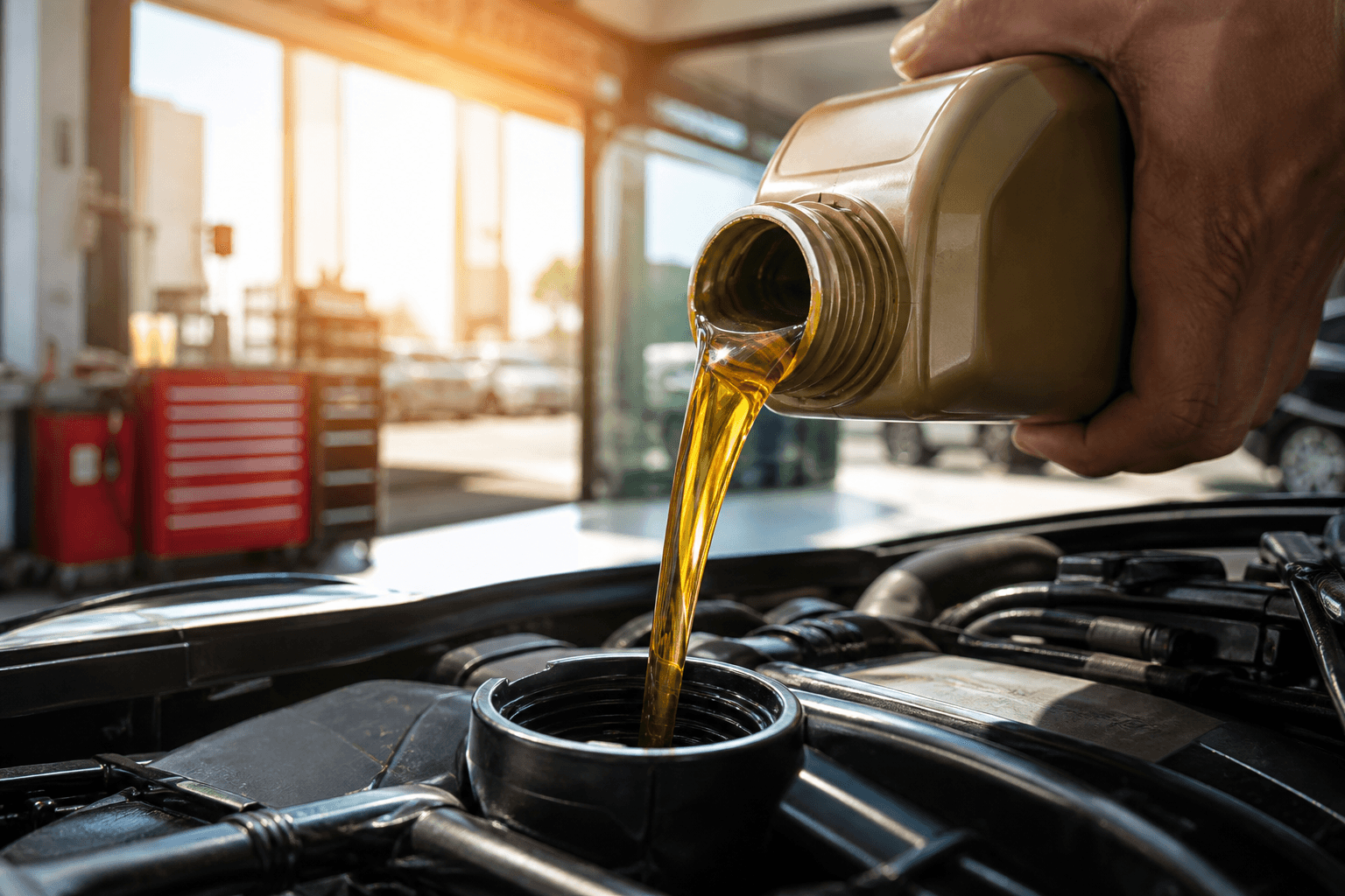 Golden engine oil poured into a car engine in hot workshop light