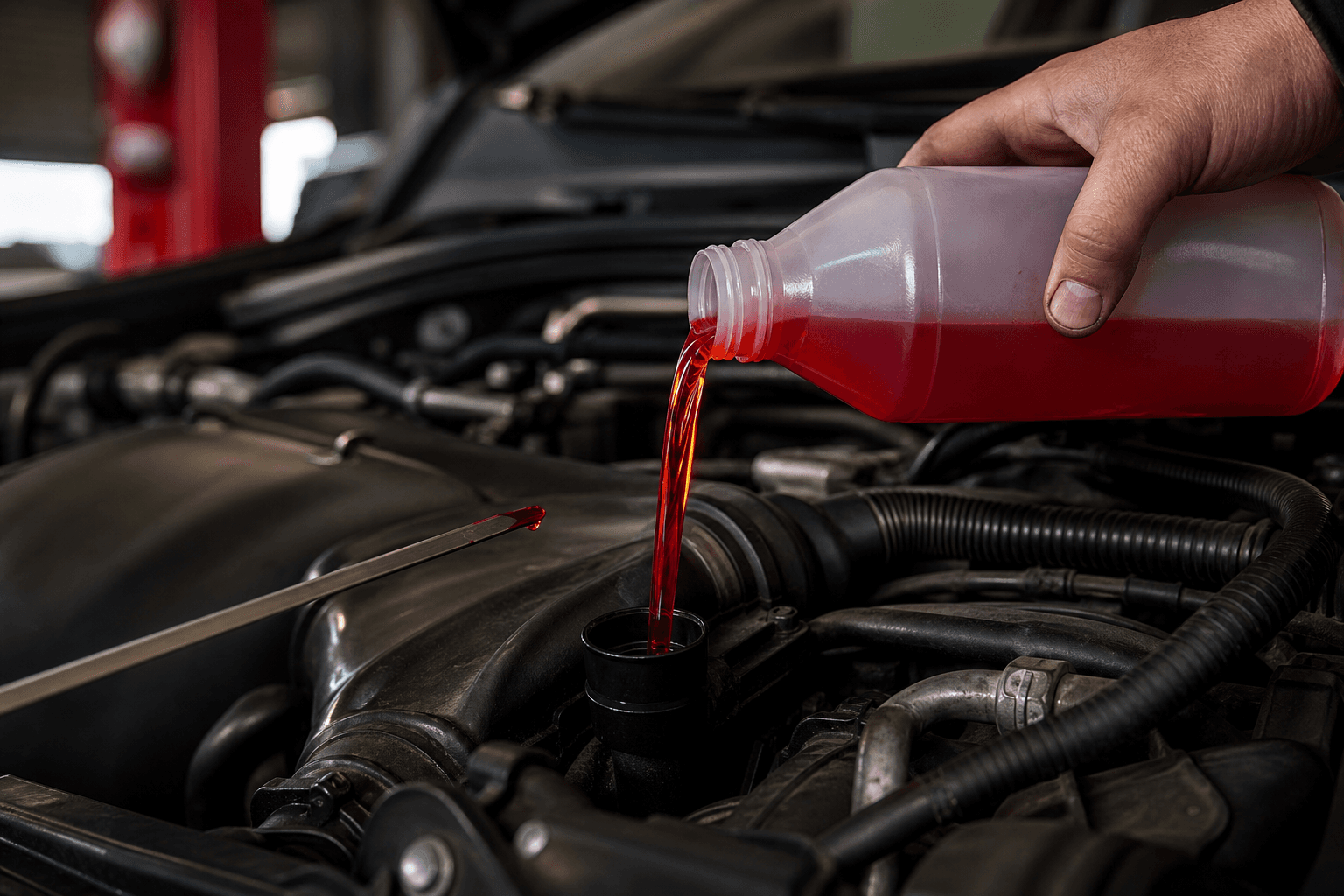 Red transmission fluid being poured during a service